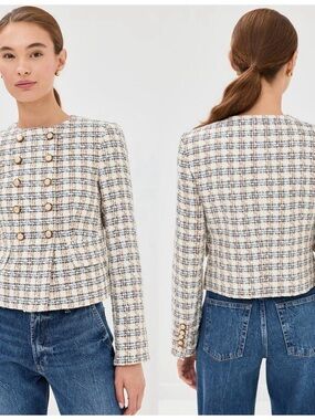 Veronica Beard Bentley Tweed Crop Jacket Check Blazer Ivory Brown Multi Size 6